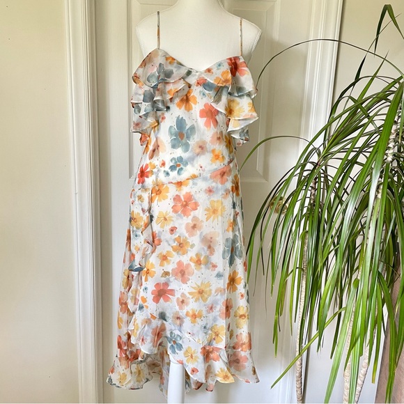 By Anthropologie Dress NWT Floral Sleeveless Asymmetric Ruffled Midi Dress Small - Picture 7 of 16